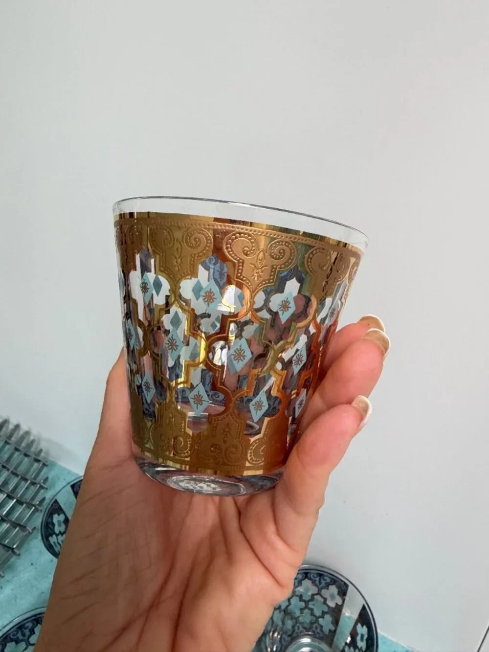 Culver Set of 5 MCM Seville 22K Gold Lattice Cocktail Glass Blue Vintage Rare